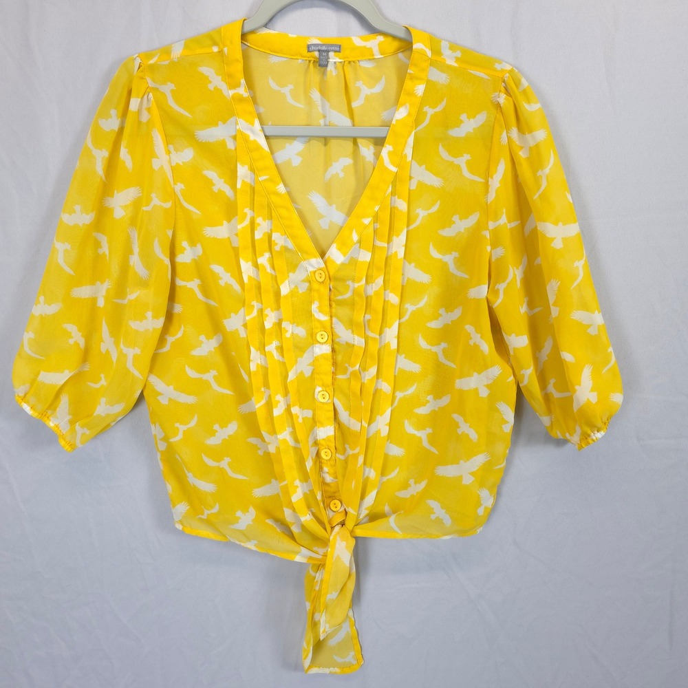 Charlotte‎ Russe Bird Print Tie Front Blouse Women M Yellow Sheer Boho Soft Girl